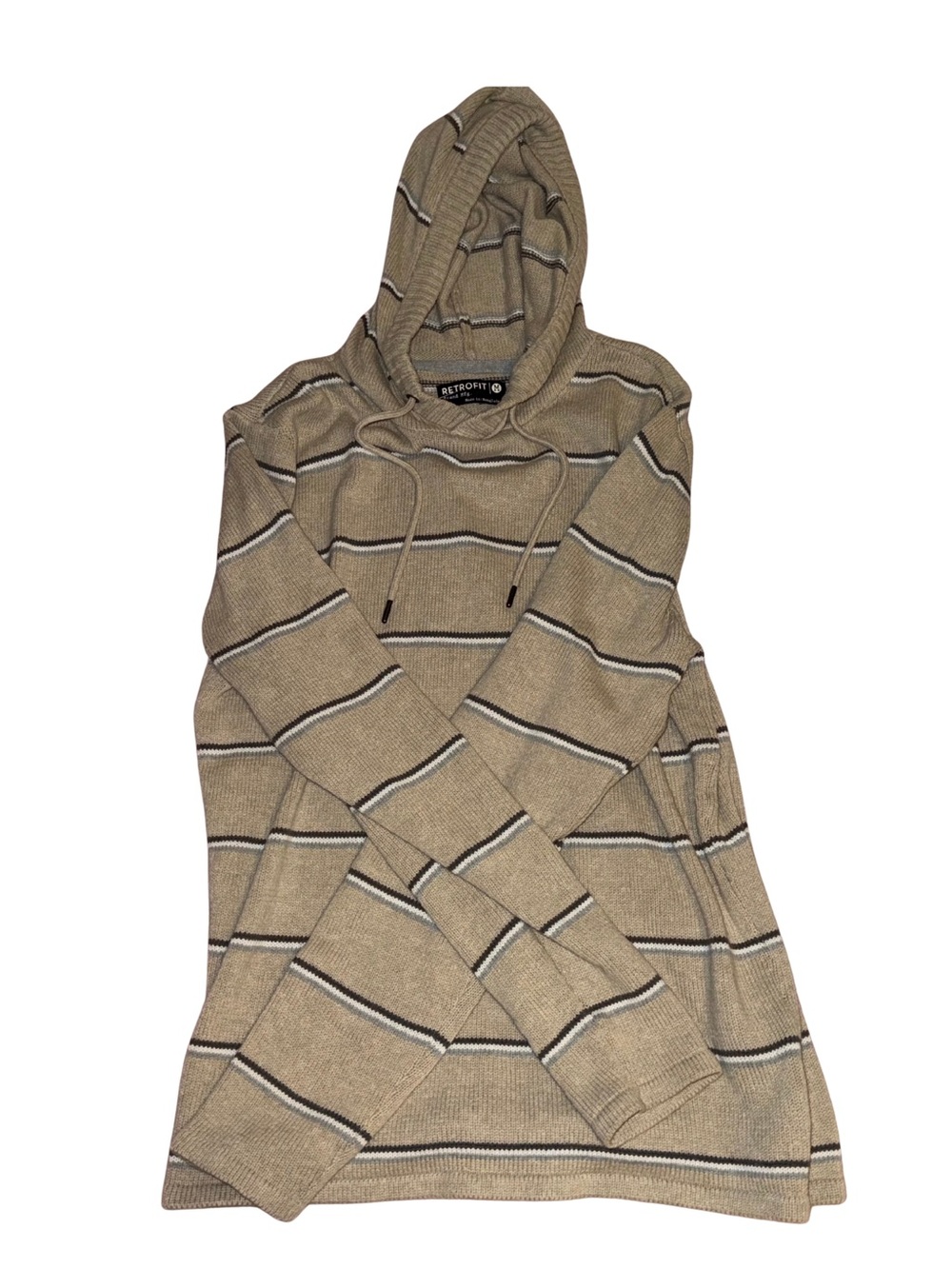 Retrofit Beige and Gray Striped Hooded Knit Pullover